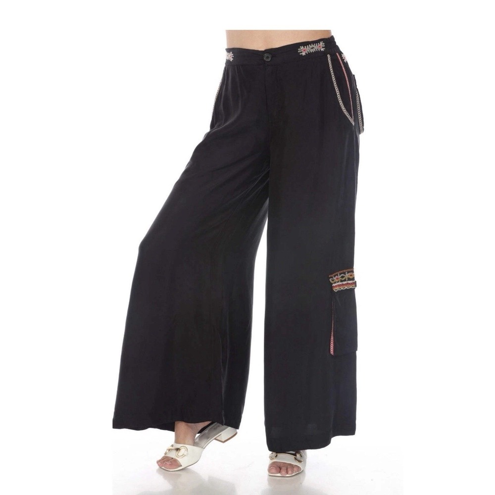 NWT Johnny Was Biya Black Embroidered Cargo Palazzo Pants L Boho Festival‎ Flowy